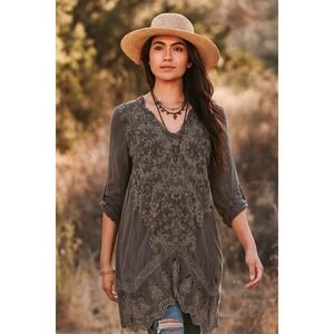 Johnny‎ Was floral Embroidered Tunic Dress Roll-Tab Sleeve Bohemian Gray Small
